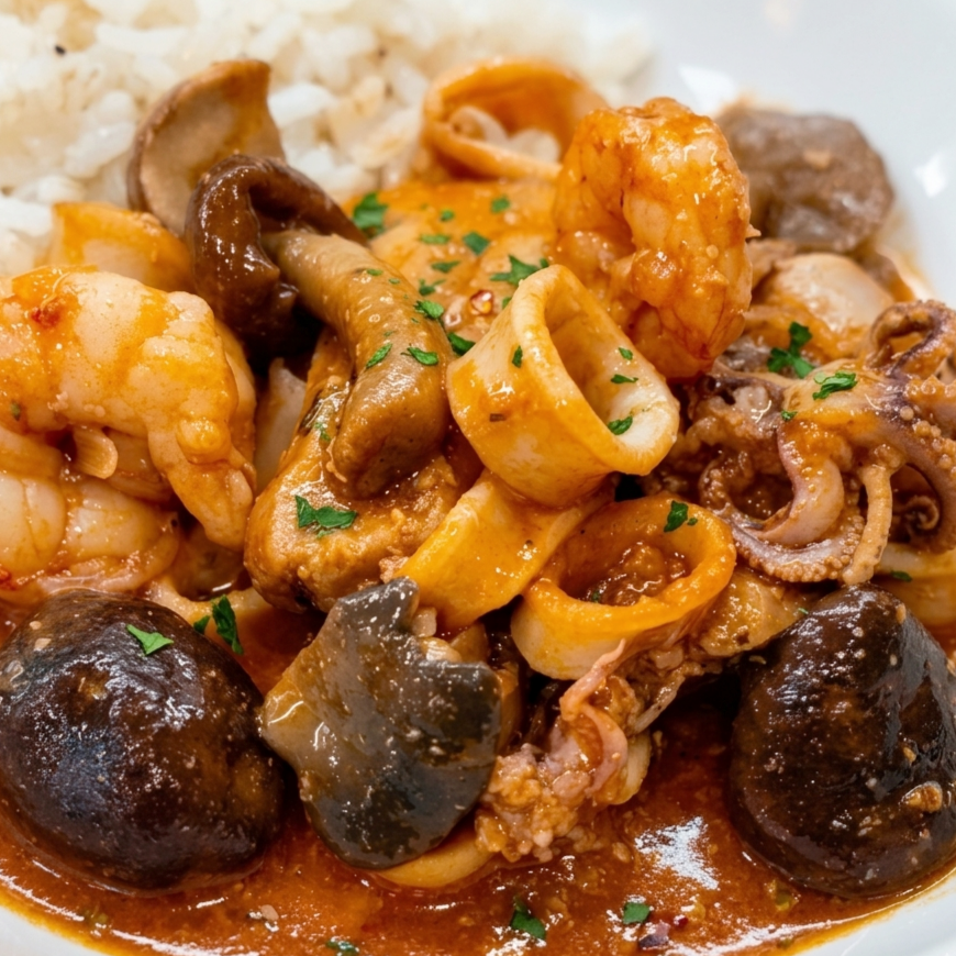Calamares, gambas y setas