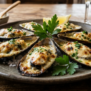 Mejillones gratinados con allioli